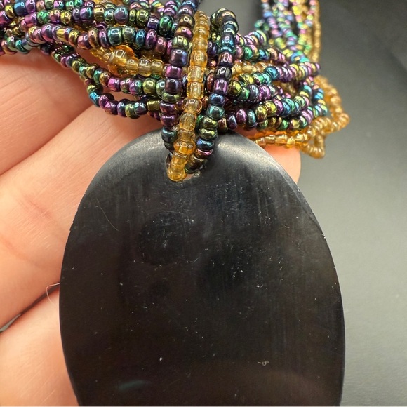 Multicolor Iridescent Seed Beaded Necklace with Large Abalone Shell Pendant - Picture 13 of 17